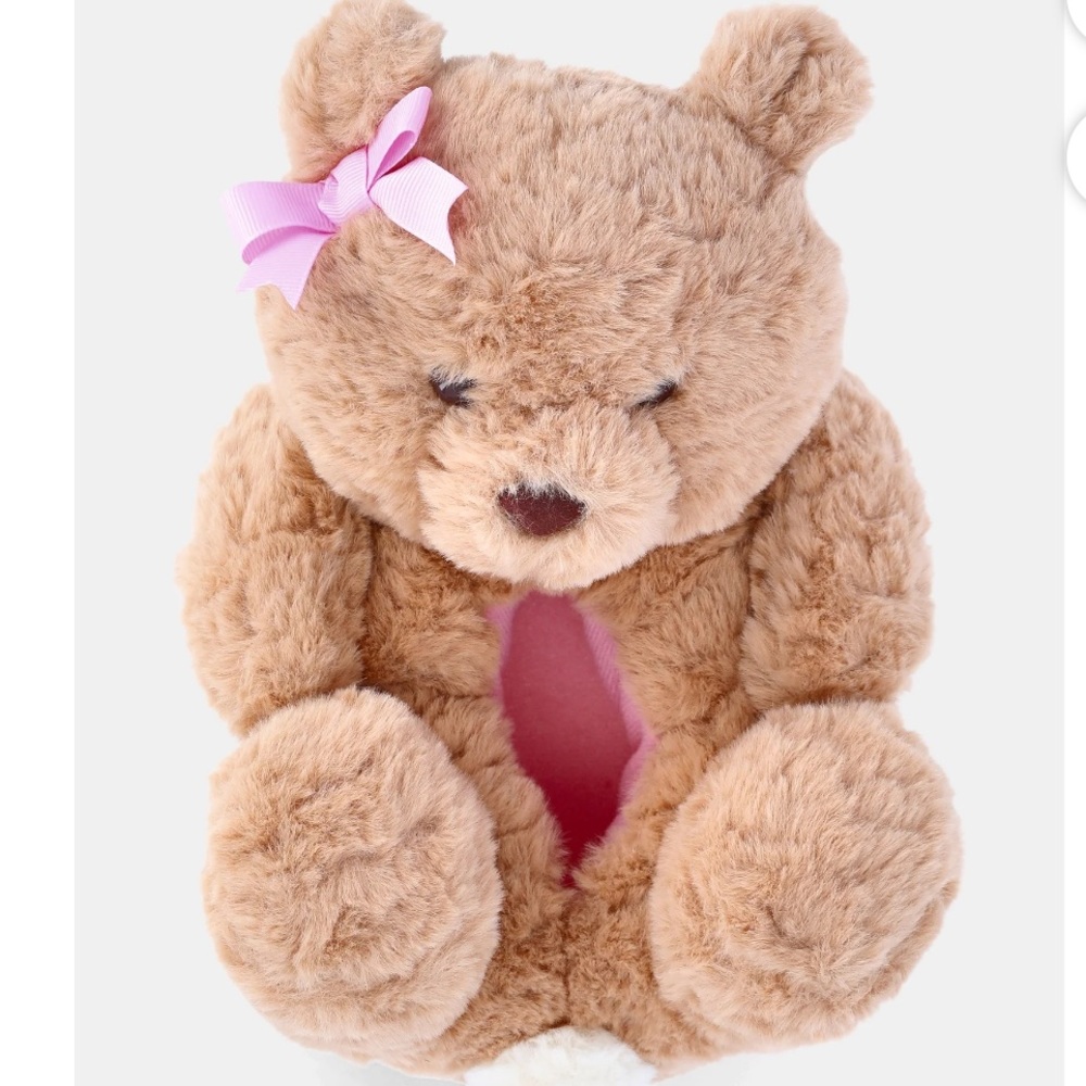 Plush Teddy Bear Kids Slippers - Pink Bow & Lining - multiple sizes NWT